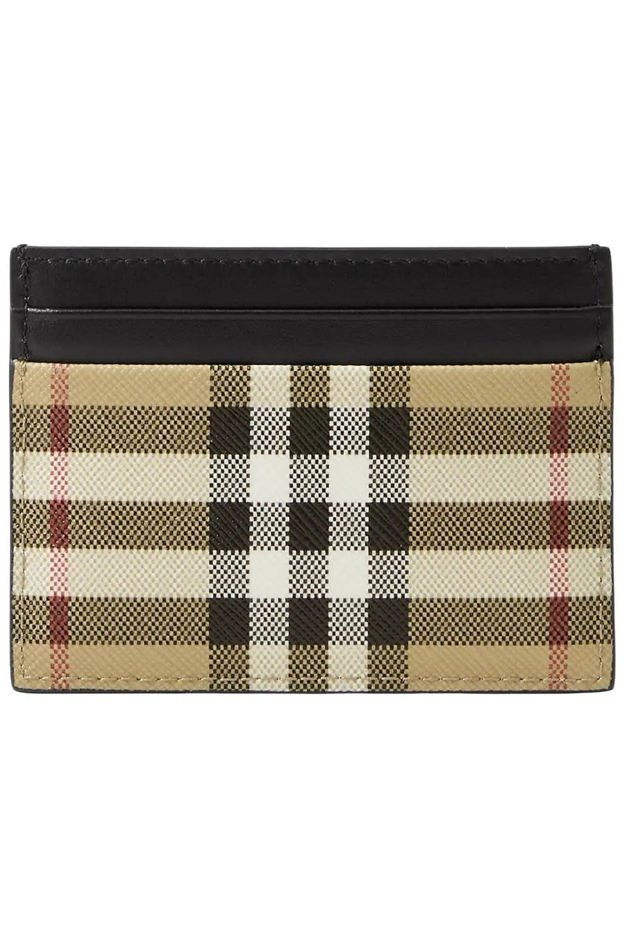 Beige black and red checkered Burberry men’s card holder with a sleek black leather top edge for stylish organization