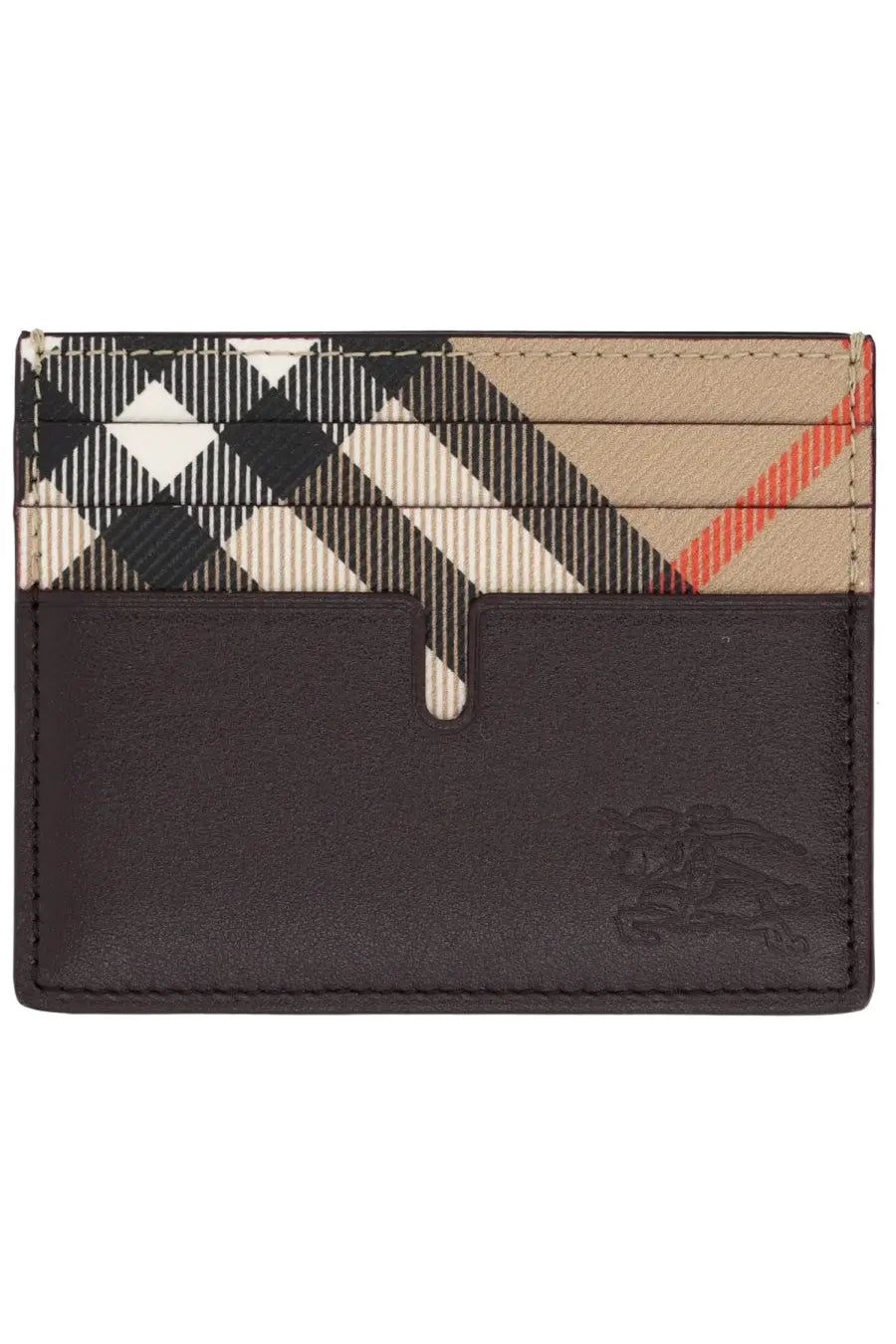 Burberry men’s dark brown leather card holder with beige black and red checkered pattern on the top half