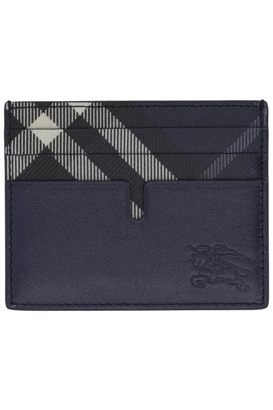 Burberry men’s card holder in dark navy leather with black white and gray geometric check pattern on top half