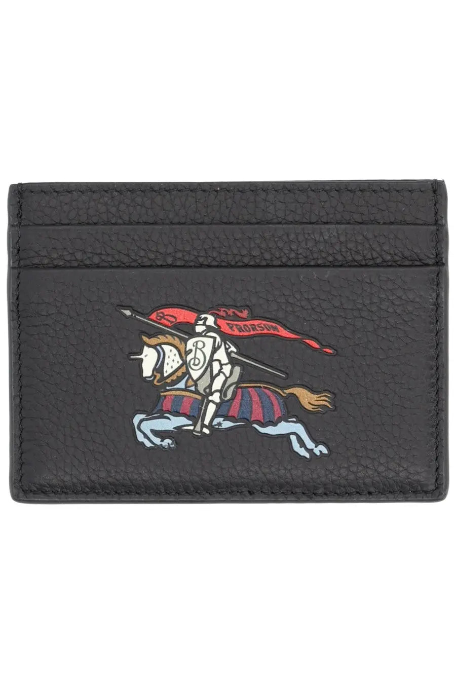 Burberry men’s black textured leather card holder with colorful embroidered knight on horseback and red banner design