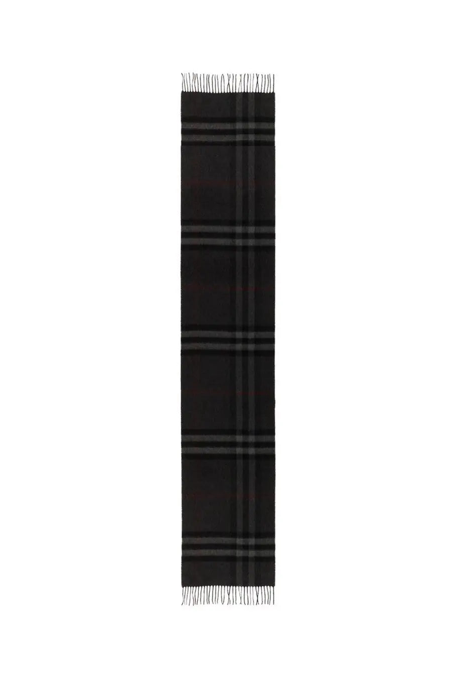 Burberry men’s cashmere check scarf in black with thin gray and burgundy stripes and fringed edges