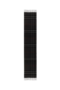 Burberry men’s cashmere check scarf in black with thin gray and burgundy stripes and fringed edges