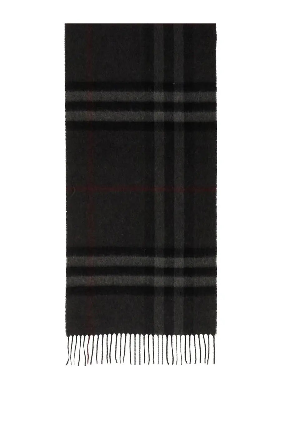 Burberry men’s cashmere check scarf in black plaid with subtle red and gray stripes and soft fringed edges
