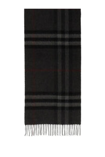 Burberry men’s cashmere check scarf in black plaid with subtle red and gray stripes and soft fringed edges