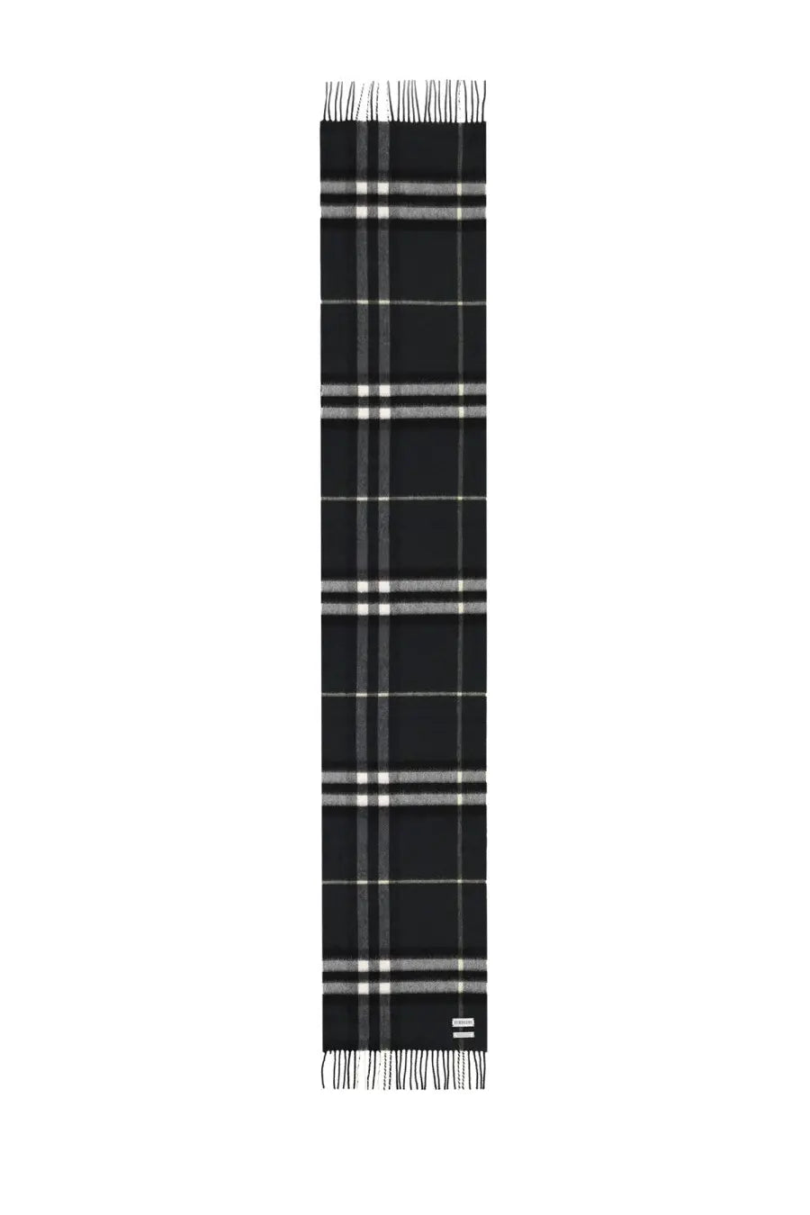 Burberry men’s cashmere check scarf in black with classic black and white checkered plaid pattern and fringed ends
