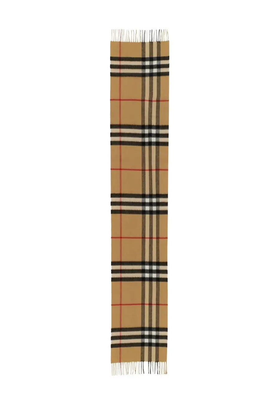 Beige burberry men’s cashmere check scarf with black white and red stripes and fringed ends