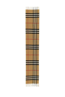 Beige burberry men’s cashmere check scarf with black white and red stripes and fringed ends