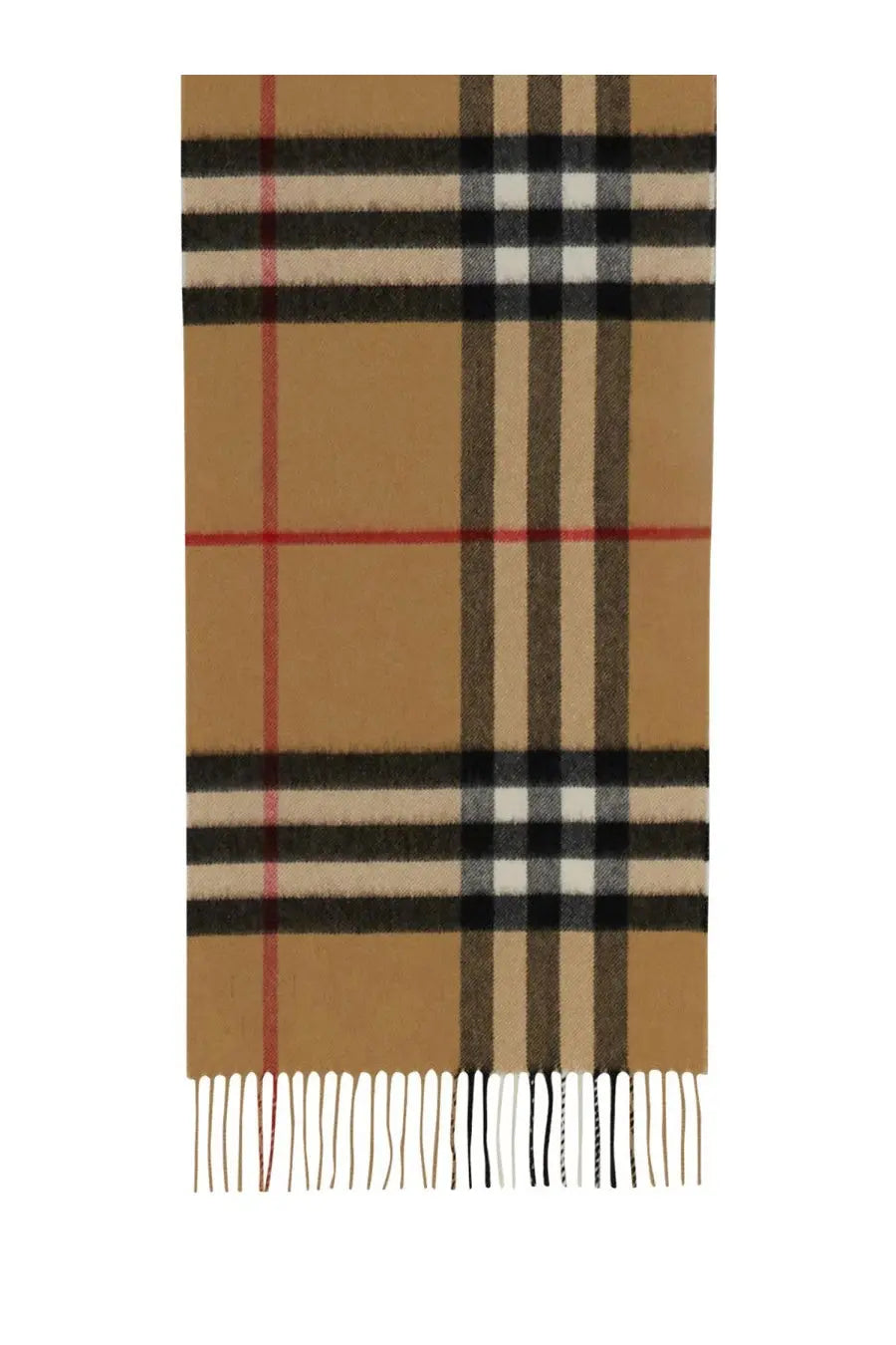 Beige Burberry men’s cashmere check scarf with black white and red stripes and classic fringed edges