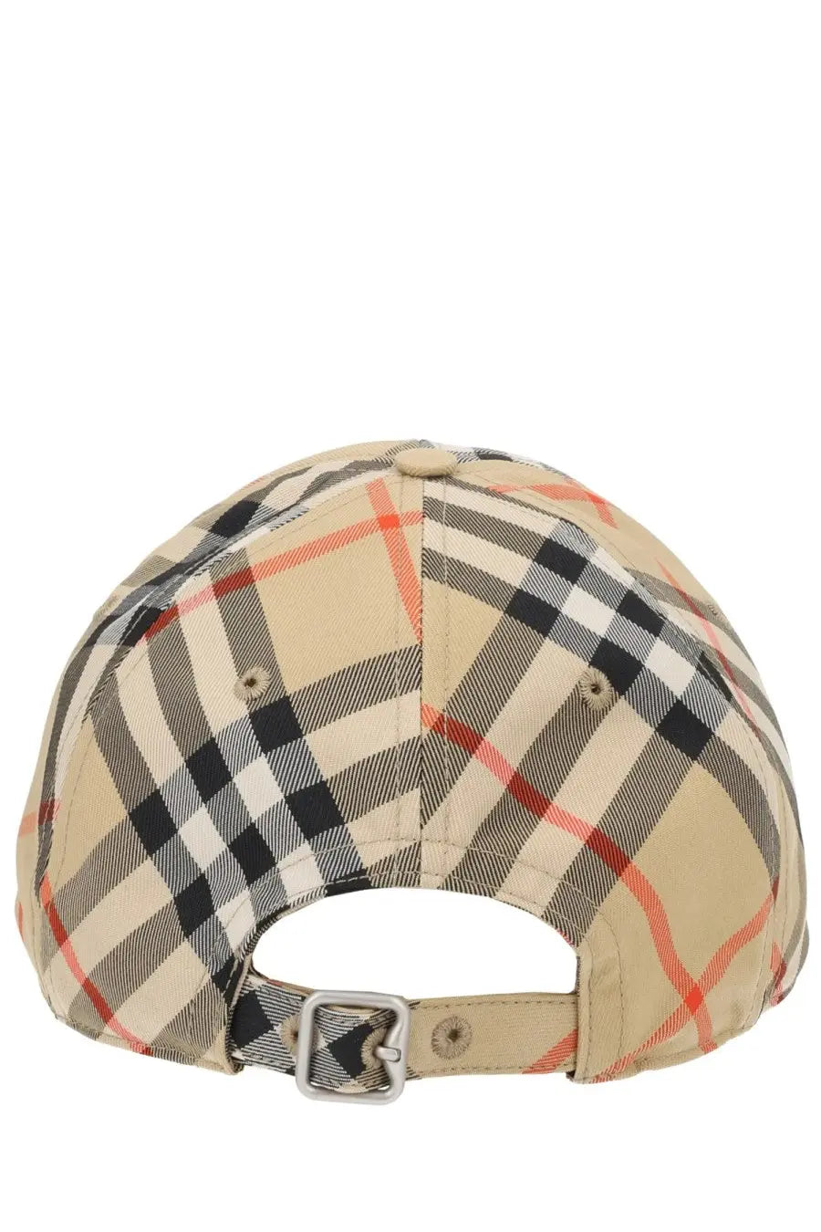 Burberry men’s check baseball hat in beige with black white and red check pattern and silver buckle on the back side
