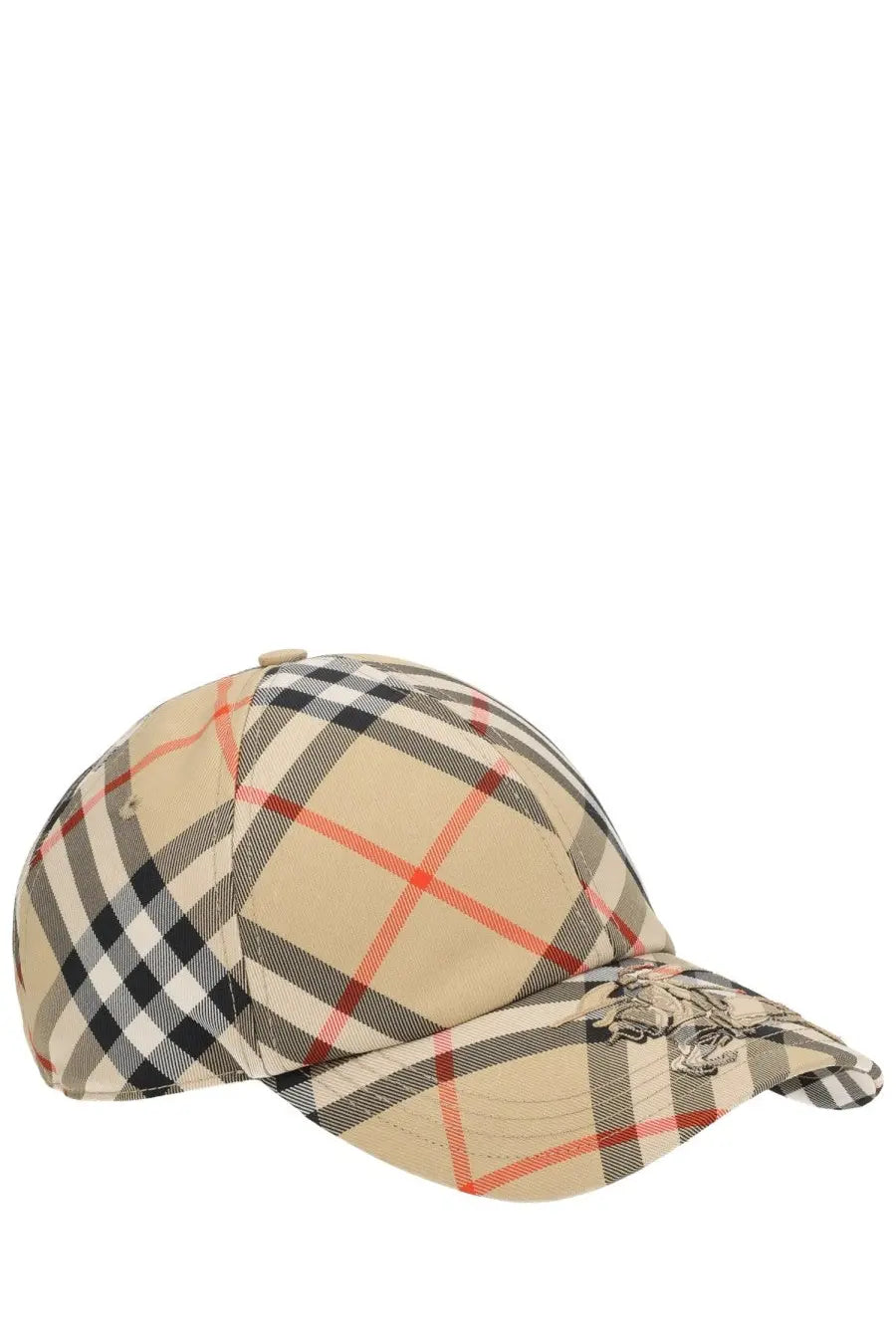 Beige black white and red Burberry men’s check baseball hat with embroidered logo on the brim