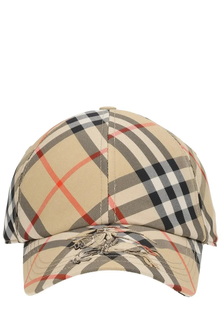 Beige black white and red plaid burberry men’s check baseball hat with printed horse and rider emblem on front