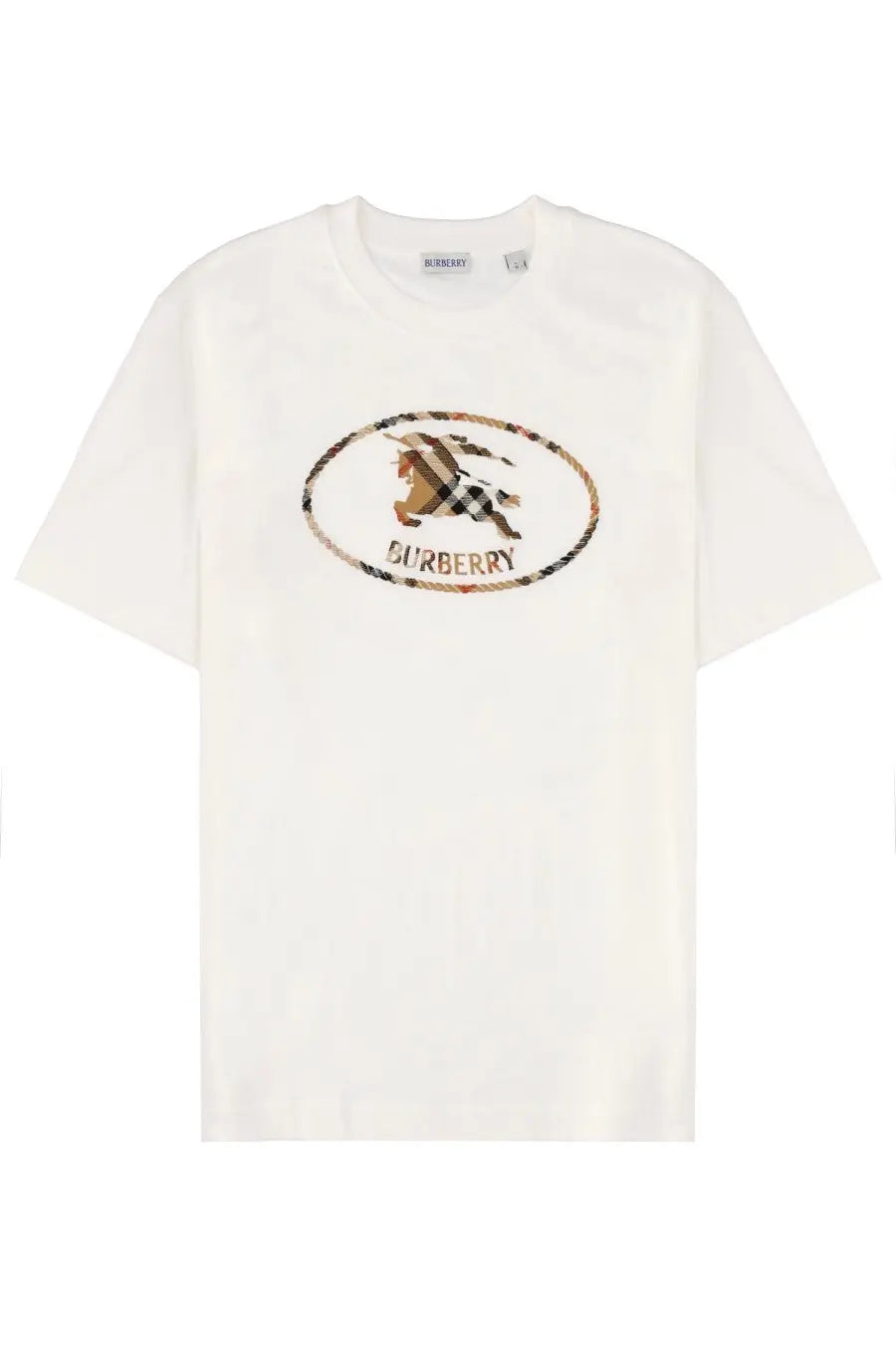 White Burberry men’s check shirt featuring a central oval logo with horse and rider in classic check pattern and embroidered border