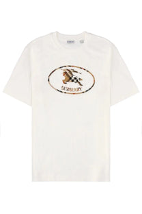 Burberry men’s white t-shirt with central oval logo featuring horse rider in classic check pattern and embroidered border