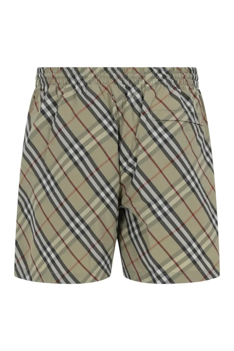 Burberry men’s check swimsuit green beige and black diagonal striped swim trunks with elastic waistband and red accent