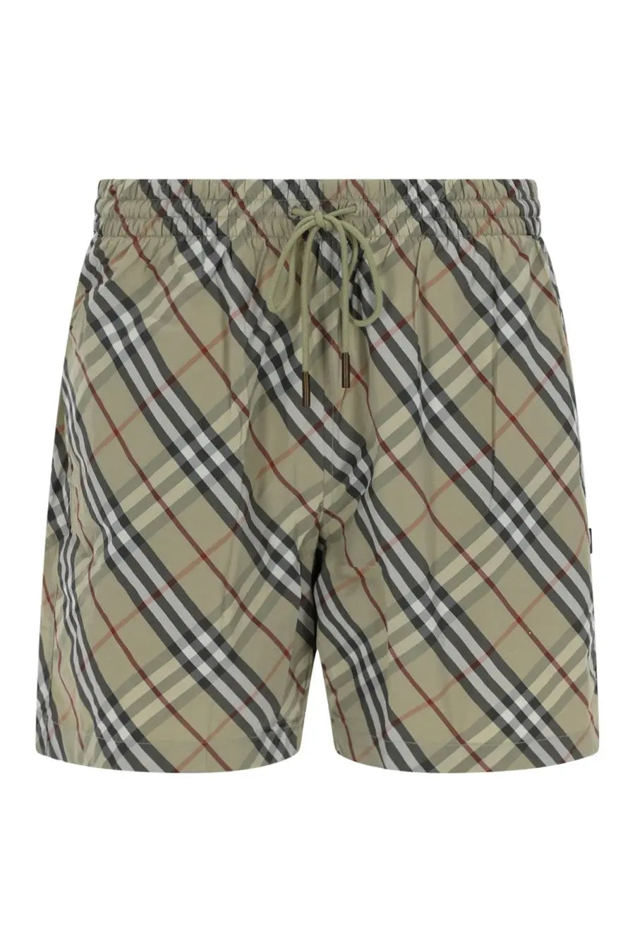 Burberry men’s check swimsuit green beige and black plaid swim trunks with drawstring waistband for swimming