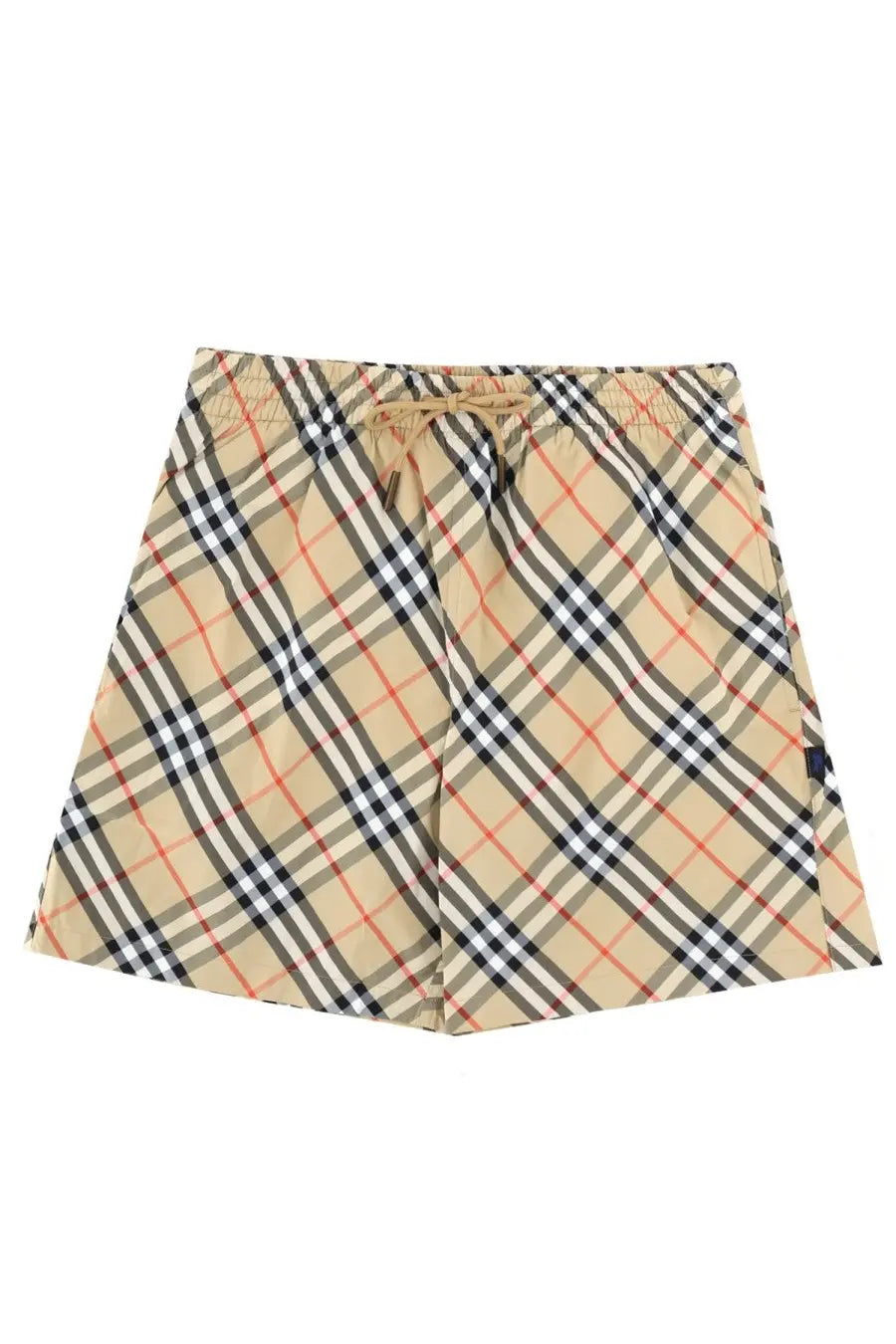 Burberry men’s costume da bagno check beige swim trunks with black white and red checkered pattern elastic waistband and drawstring