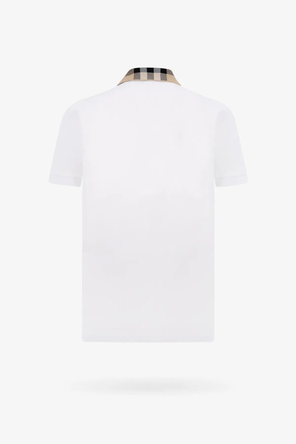 Burberry men’s white cotton polo shirt with beige and black checkered collar featuring iconic Burberry pattern