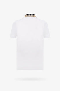 Burberry men’s white cotton polo shirt with beige and black checkered collar featuring iconic Burberry pattern