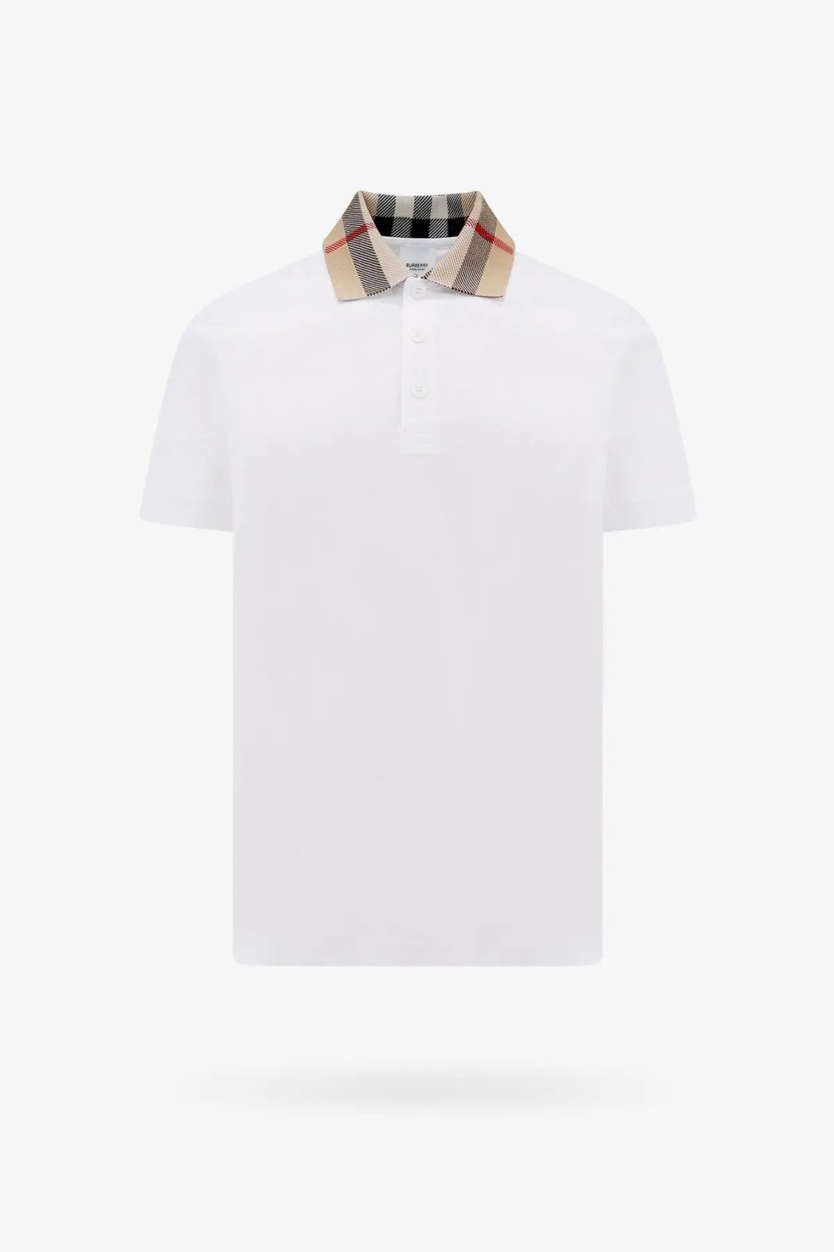Burberry men’s white cotton polo shirt with beige black and red checkered collar featuring Burberry logo