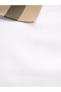 Burberry men’s white cotton polo shirt with textured fabric and beige black red striped collar