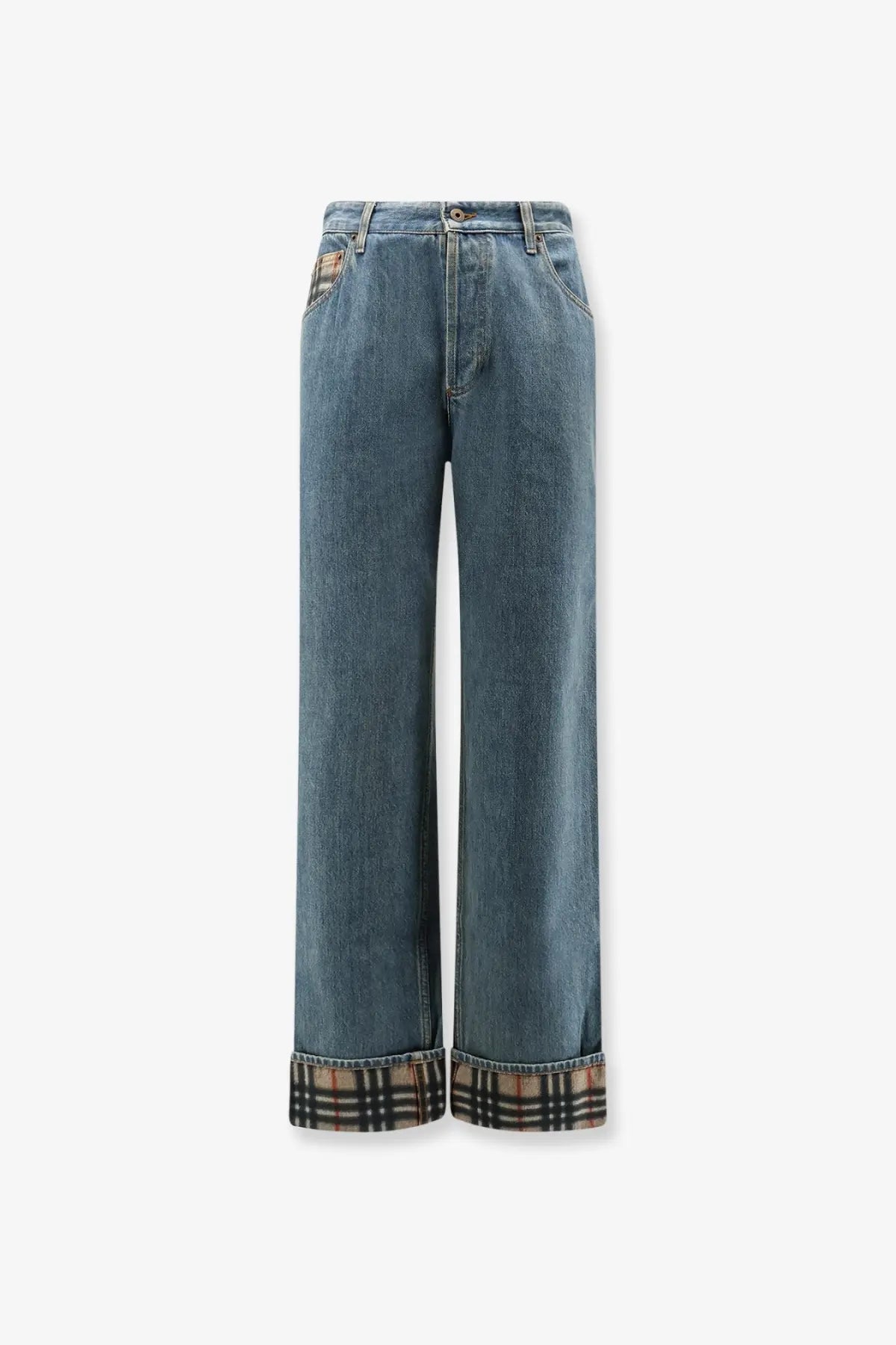 Burberry men’s dexter jeans blue featuring blue denim wide-leg trousers with classic plaid lining at the cuffs