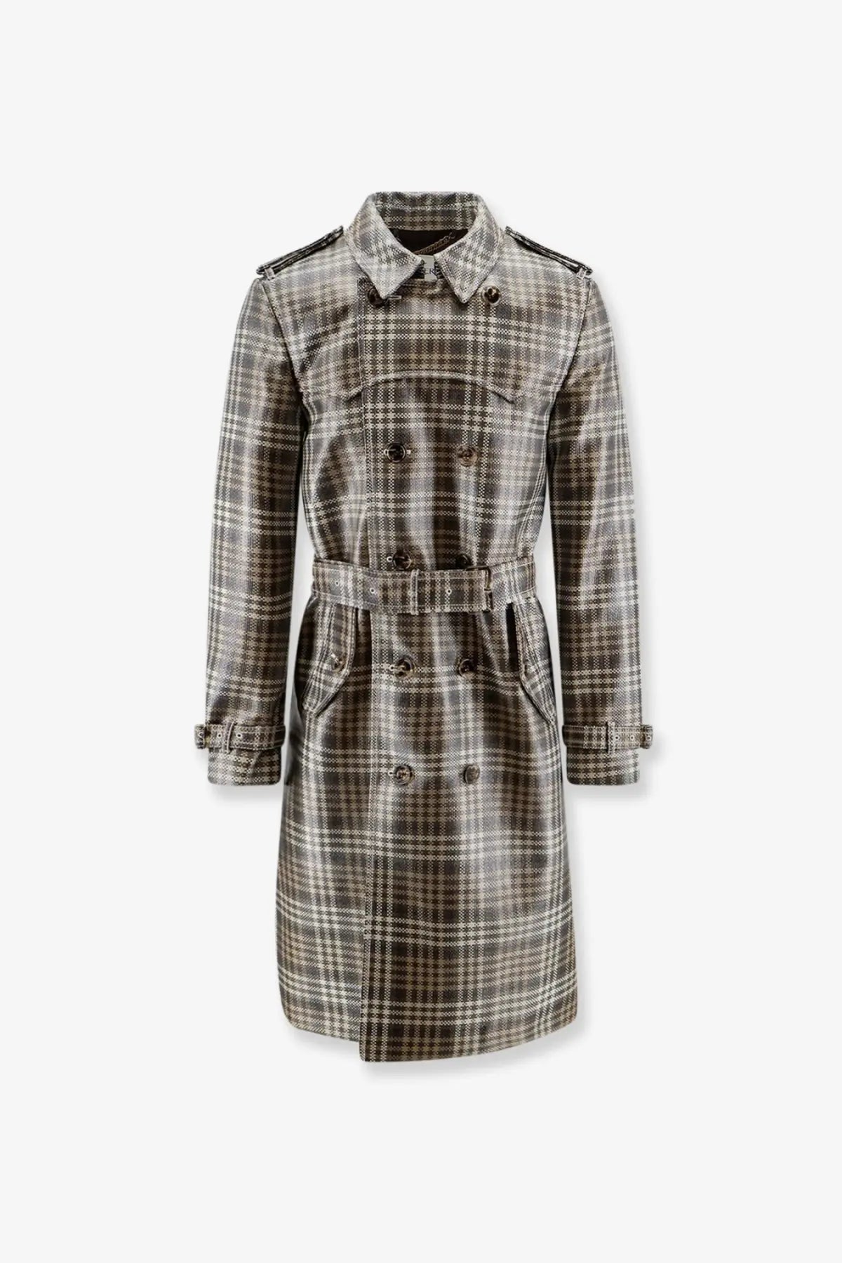 Burberry men’s foxfield madras trench white double-breasted plaid trench coat with belted waist and epaulets