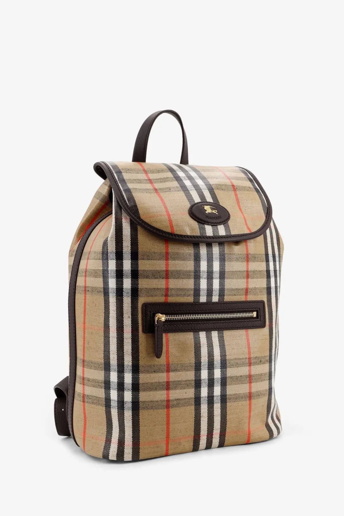 Burberry men’s Highlands coated canvas backpack in beige and black plaid with brown leather trim and front zipper pocket