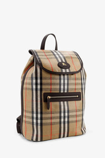 Burberry men’s Highlands coated canvas backpack in beige and black plaid with brown leather trim and front zipper pocket