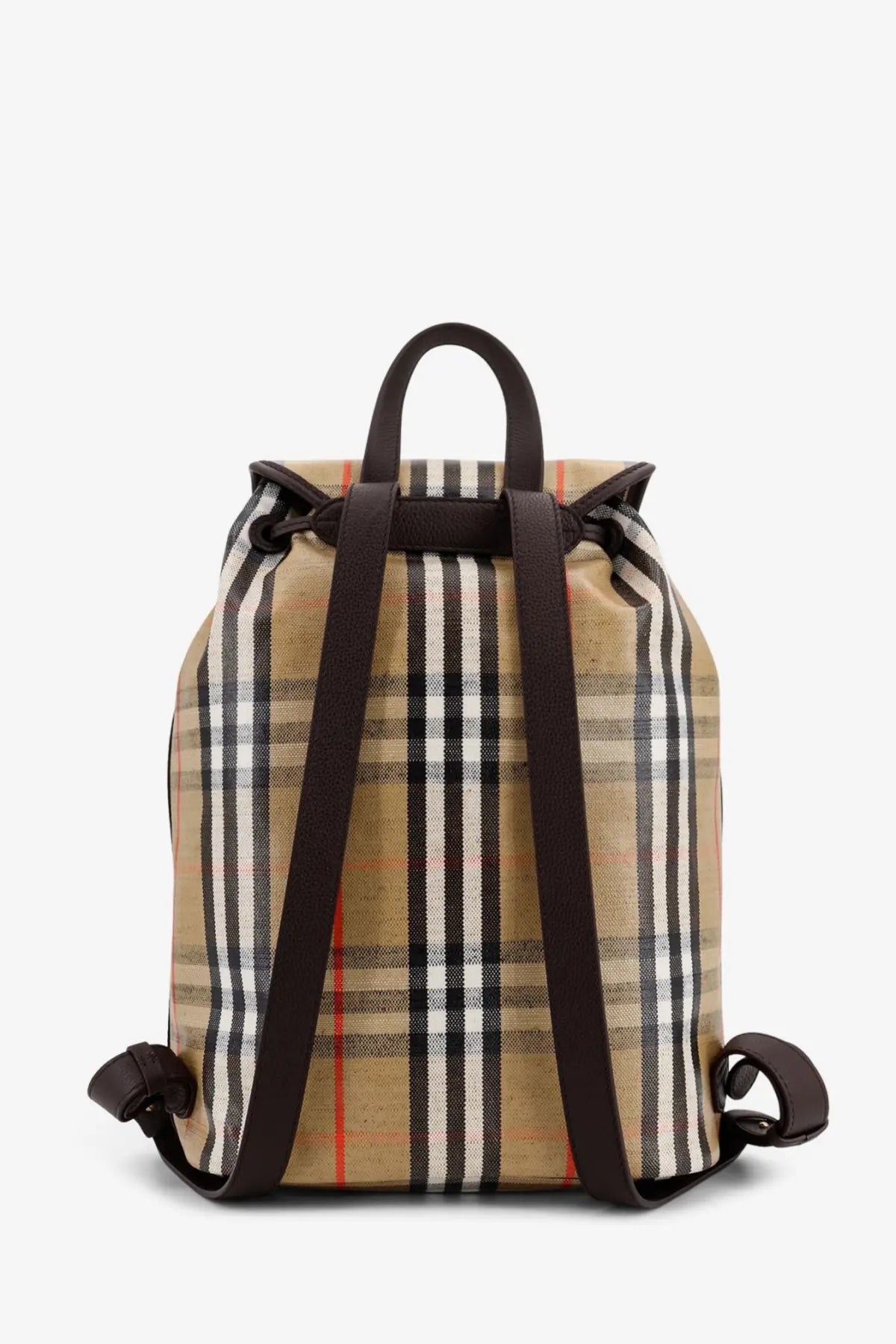 Burberry men’s Highlands beige and black plaid coated canvas backpack with brown leather straps and top handle