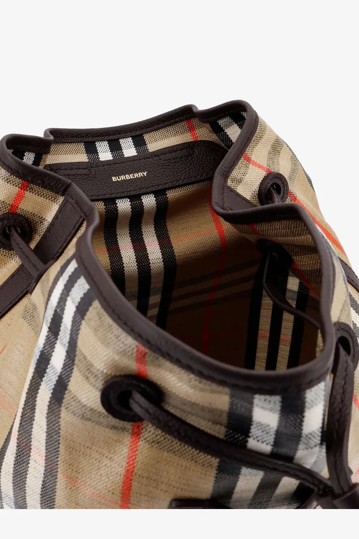 Beige black and red checkered Burberry bucket bag with brown leather trim in coated canvas for men