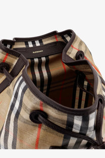 Beige black and red checkered Burberry bucket bag with brown leather trim in coated canvas for men