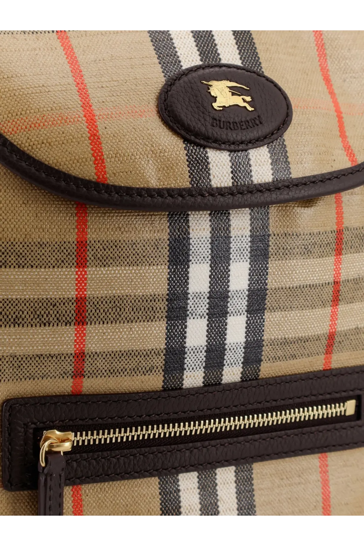 Burberry men’s highlands coated canvas backpack beige checkered canvas with brown leather trim and gold-tone zipper