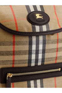 Burberry men’s highlands coated canvas backpack beige checkered canvas with brown leather trim and gold-tone zipper