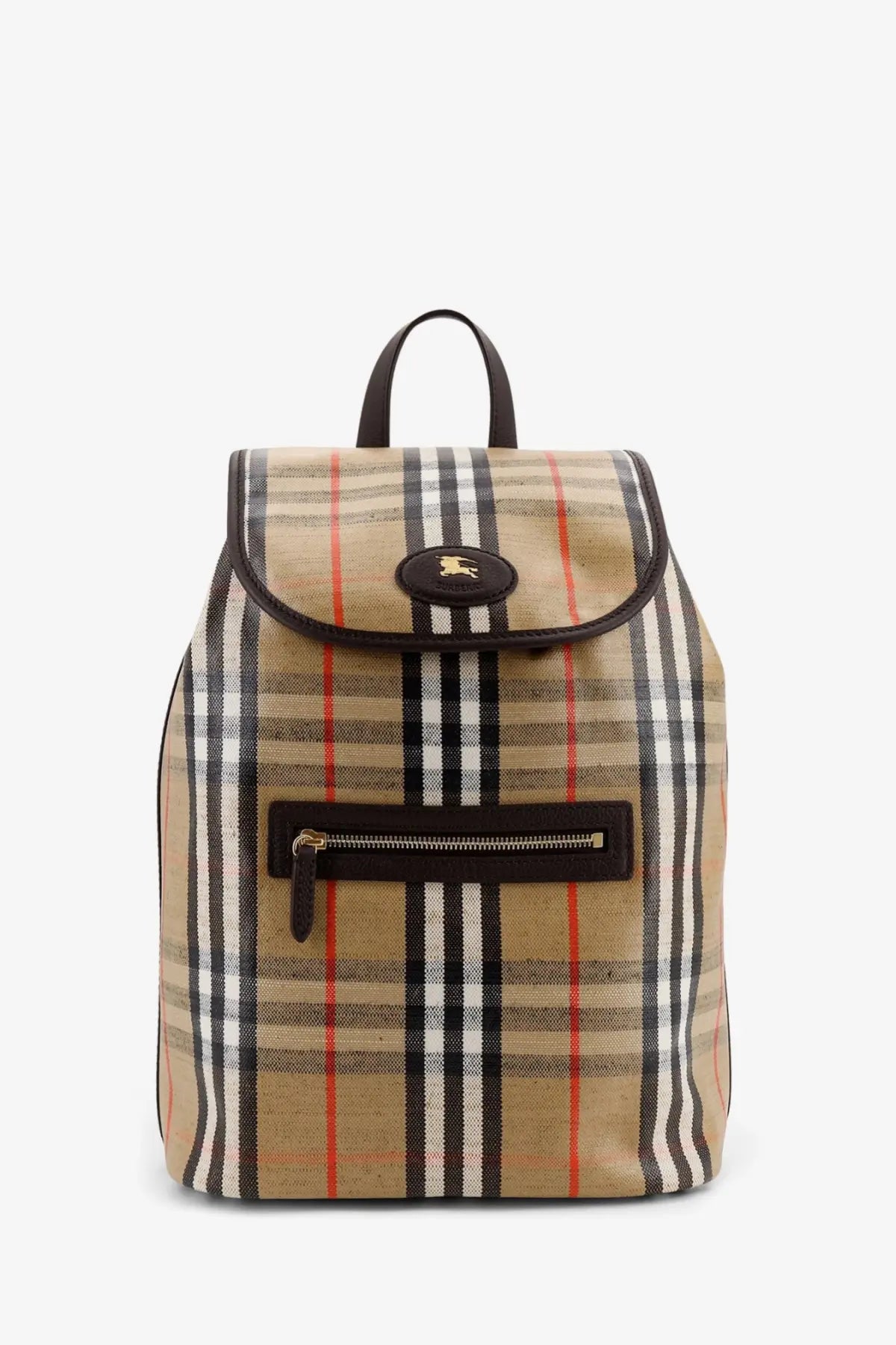 Burberry men’s Highlands beige plaid canvas backpack with black white and red pattern and brown leather trim with gold logo plaque