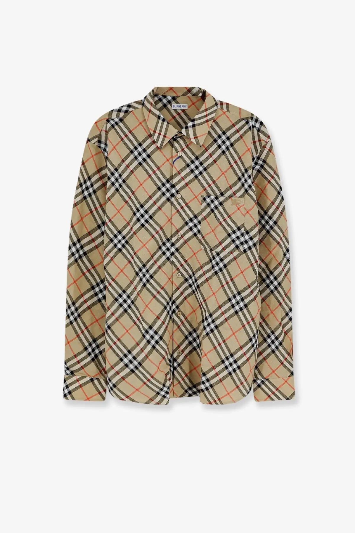 Burberry men’s beige linen shirt with black and red plaid long sleeves and classic collar button-up design