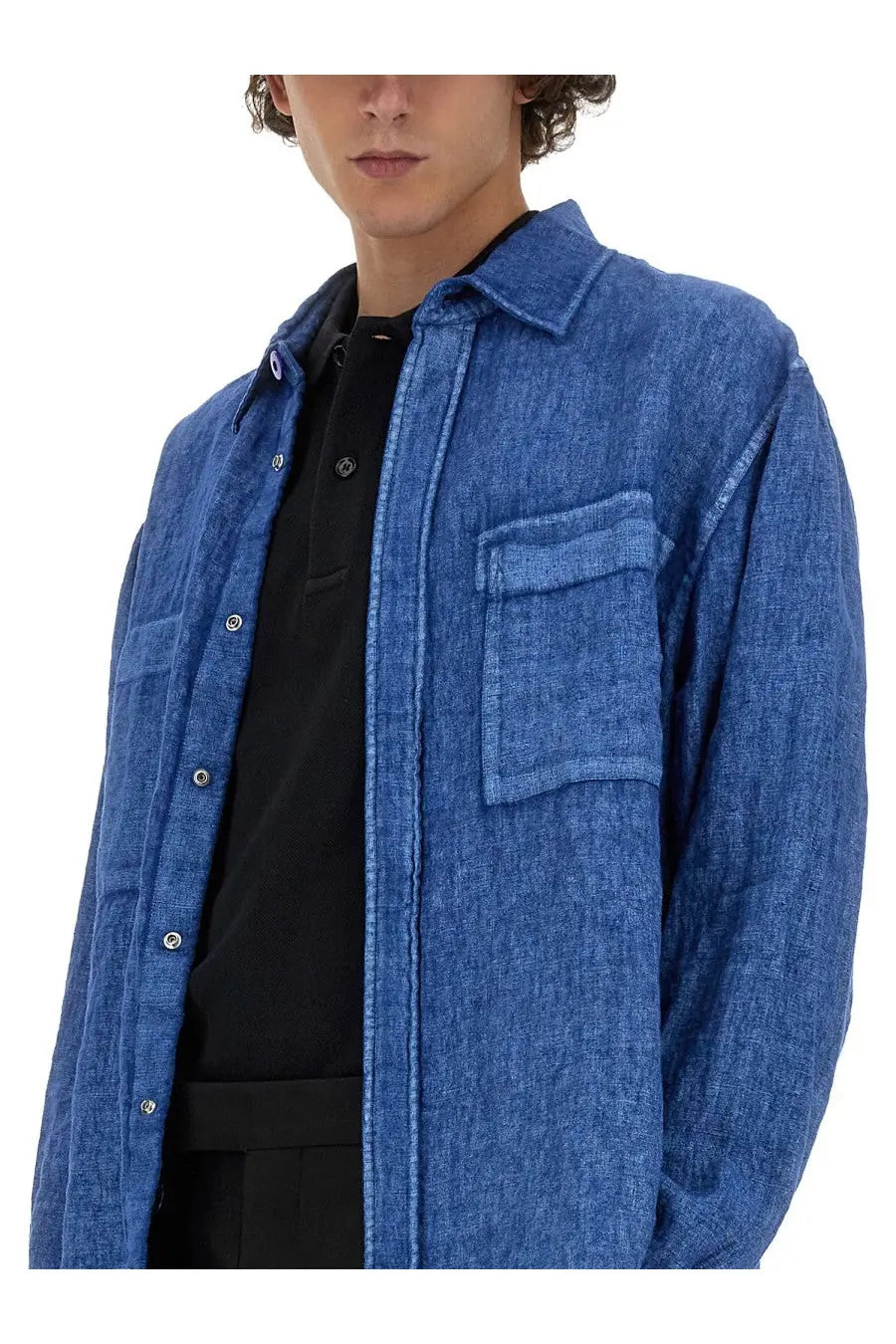 Burberry men’s blue denim shirt with classic collar and button-front design made from linen material