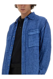 Burberry men’s blue denim shirt with classic collar and button-front design made from linen material