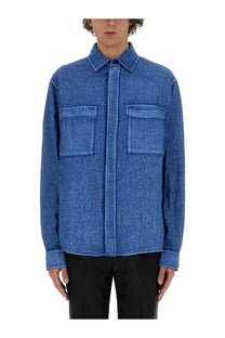 Burberry men’s blue linen shirt with collar and two front pockets made from breathable linen fabric