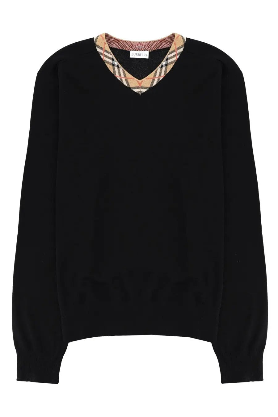 Black Burberry men’s Merino wool v-neck sweater with beige brown and black checkered lining