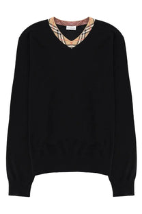Black Burberry men’s Merino wool v-neck sweater with beige brown and black checkered lining