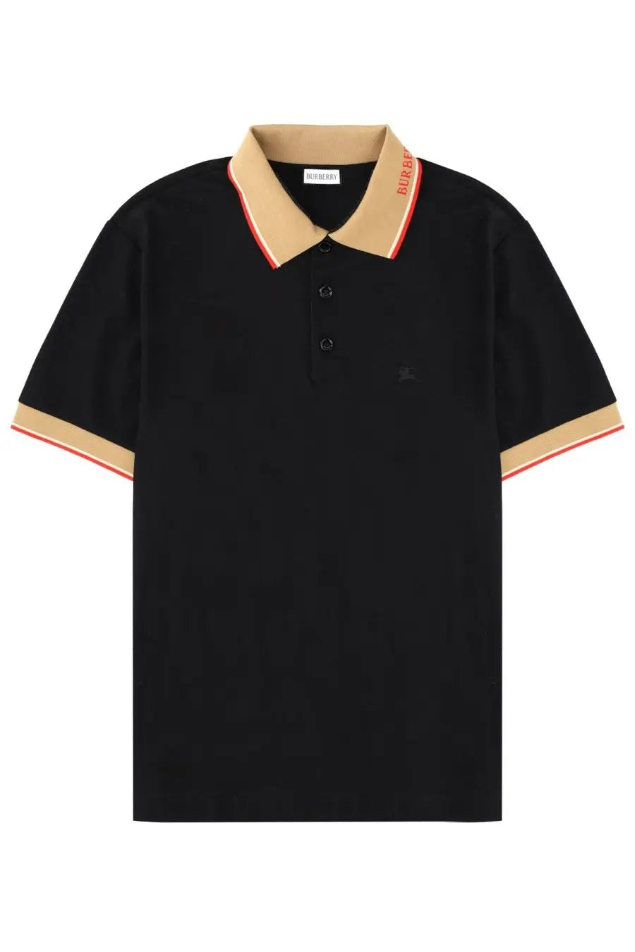 Burberry men’s black polo shirt with beige and red trim on collar and sleeves elegant casual wear