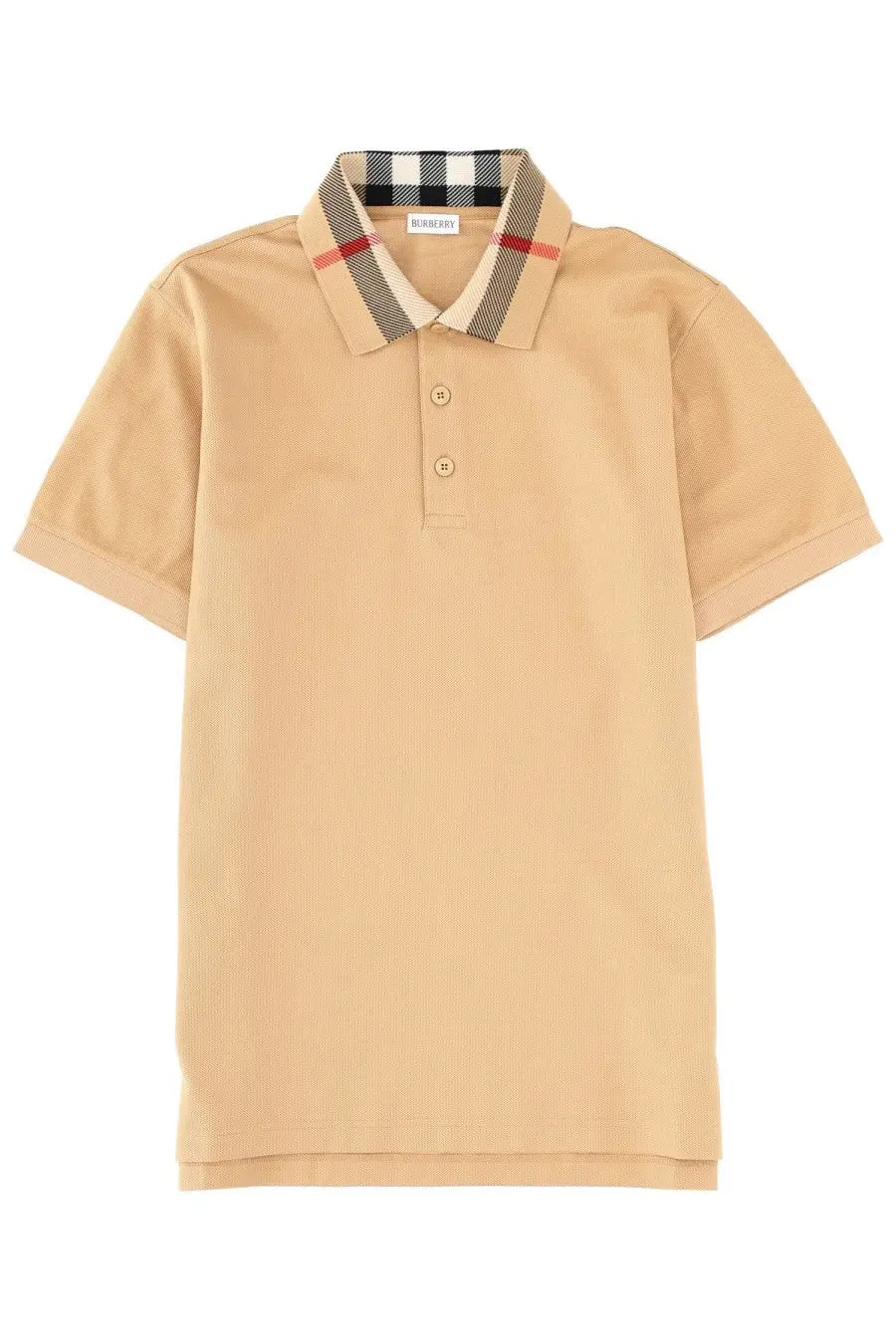 Beige Burberry men’s polo shirt with classic collar featuring signature black white and red check pattern