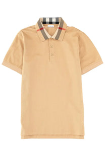 Beige Burberry men’s polo shirt with classic collar featuring signature black white and red check pattern