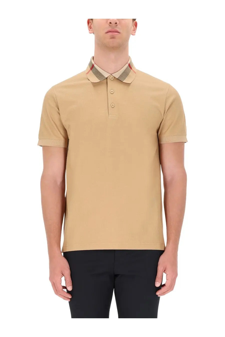 Burberry men’s beige polo shirt with a distinctive red green and beige checkered collar for stylish casual wear