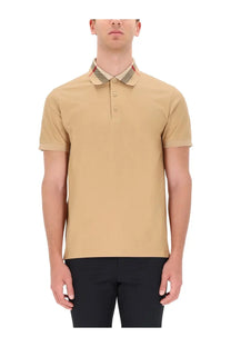Burberry men’s beige polo shirt with a distinctive red green and beige checkered collar for stylish casual wear