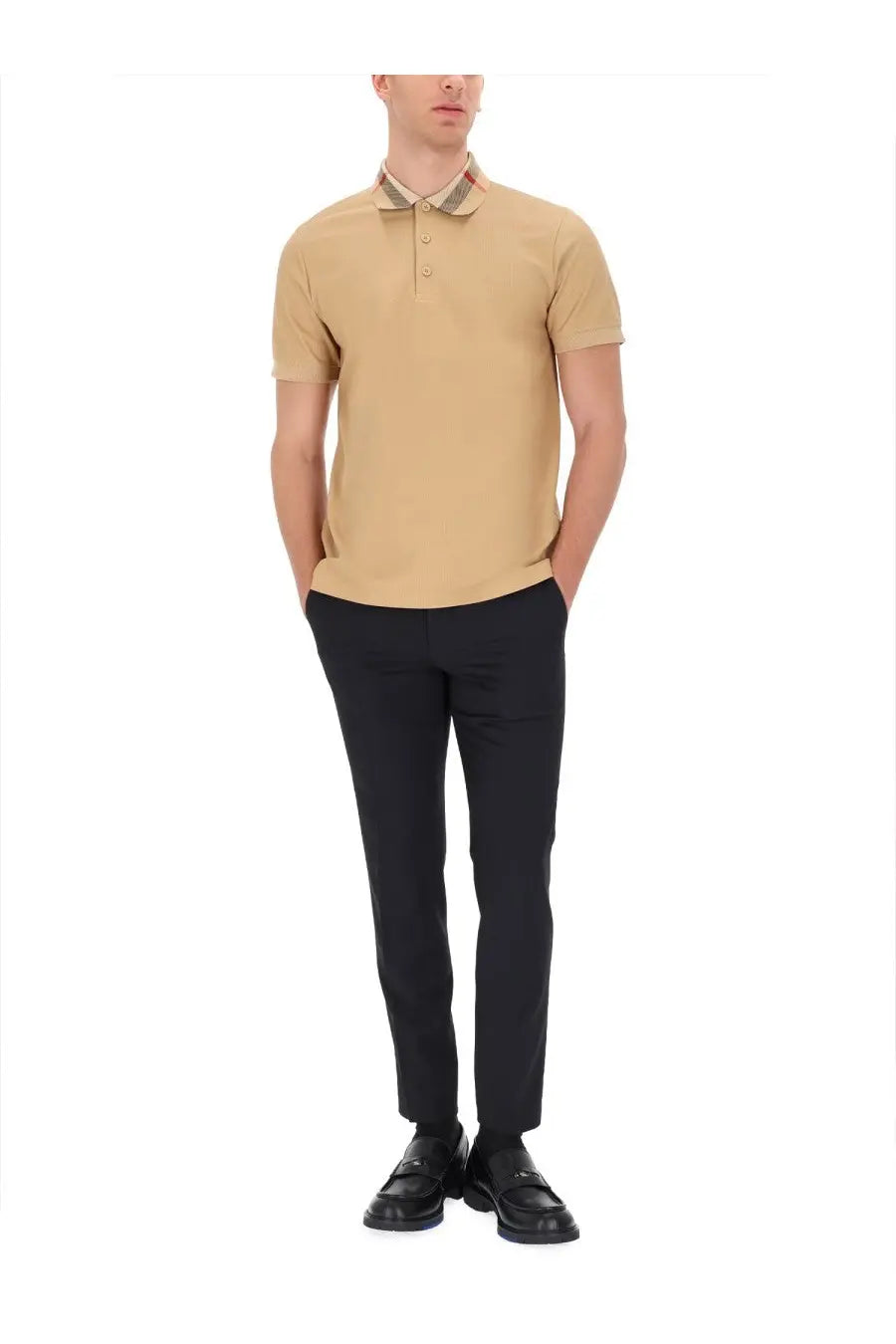 Burberry men’s beige polo shirt with distinctive checkered collar crafted from smooth cotton fabric