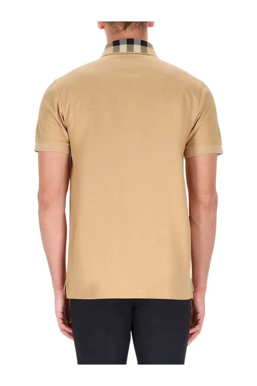 Burberry men’s beige short-sleeved polo shirt with a black and beige checkered collar made of soft cotton