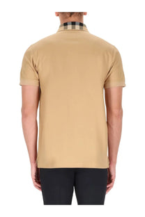 Burberry men’s beige short-sleeved polo shirt with a black and beige checkered collar made of soft cotton