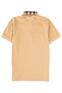 Beige Burberry men’s polo shirt with short sleeves and a black and white checkered collar for casual wear