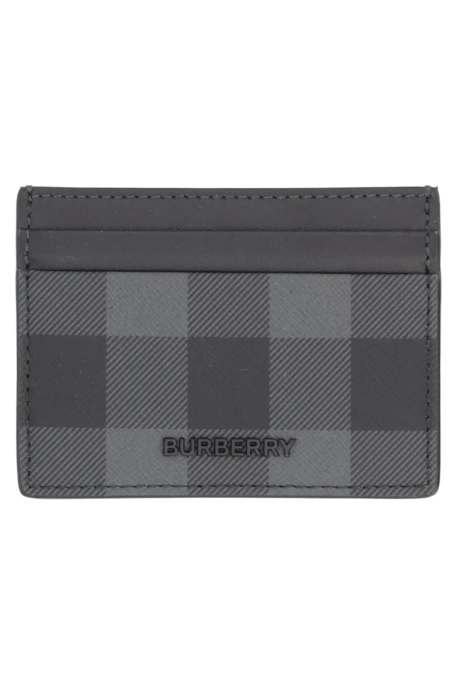Burberry men’s portacarte check grey card holder in gray checkered fabric with stitched edges and embossed logo
